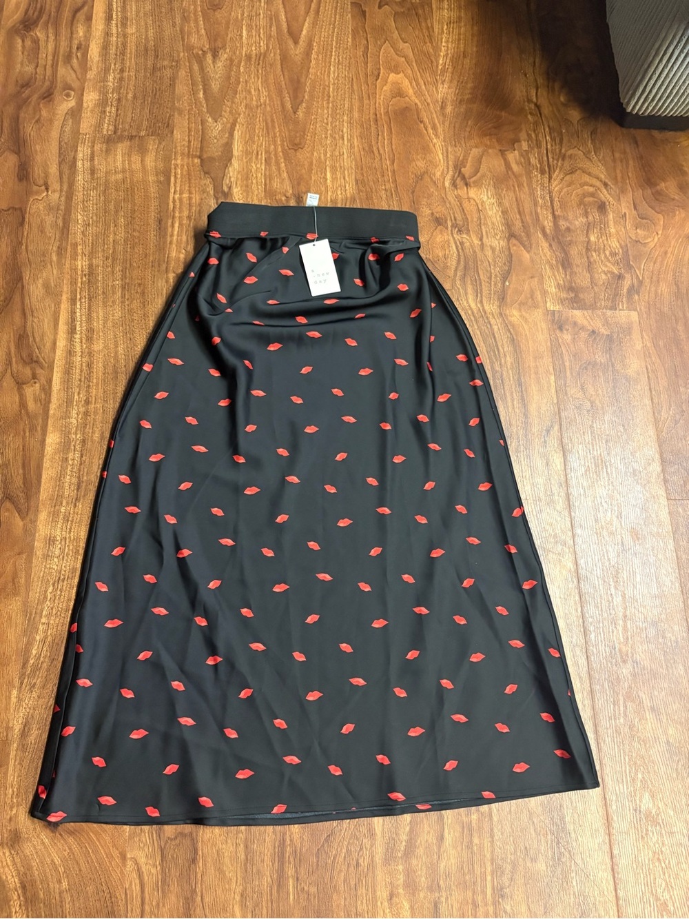 a new day Black Maxi Skirt with Red Lip Print